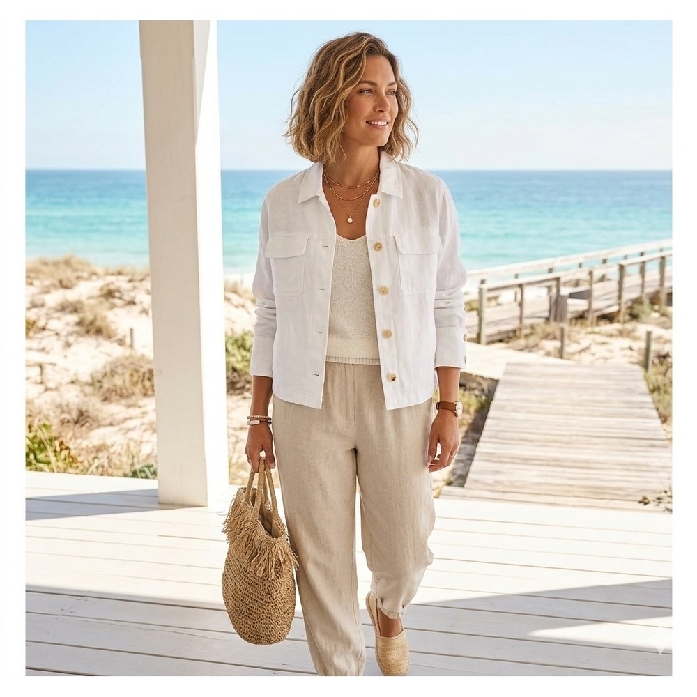 Nicole Miller White Linen Blend Jacket Minimalist Old Money Boho Large Lyocell